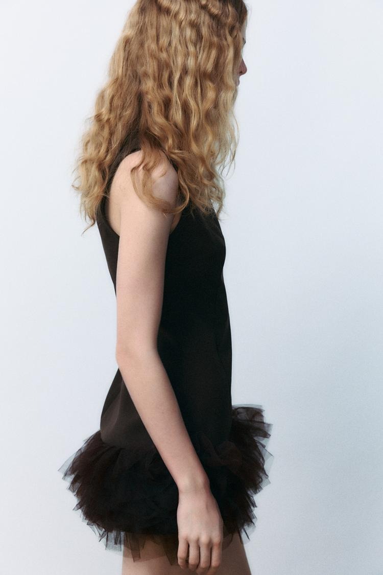 Zelorava™ - Brown Contrasting Tulle Mini Dress