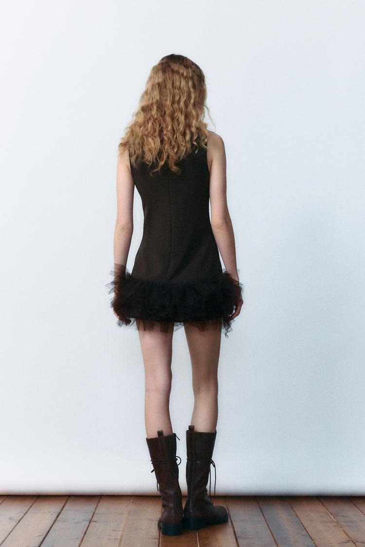 Zelorava™ - Brown Contrasting Tulle Mini Dress