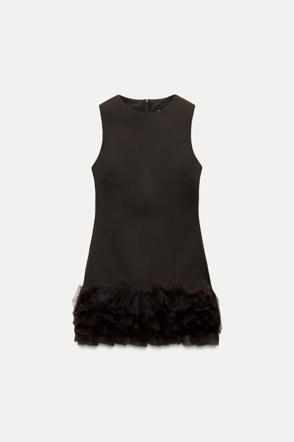 Zelorava™ - Brown Contrasting Tulle Mini Dress