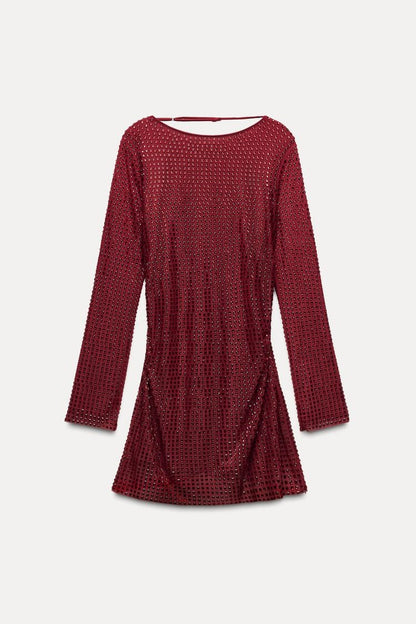 Zelorava™ - Rhinestone Long Sleeve Mini Dress