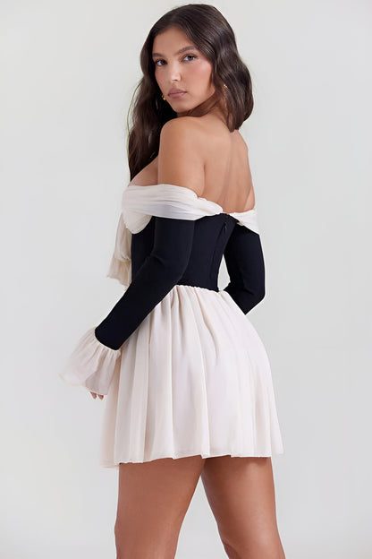 Zelorava™ - Black & Cream Off Shoulder Dress