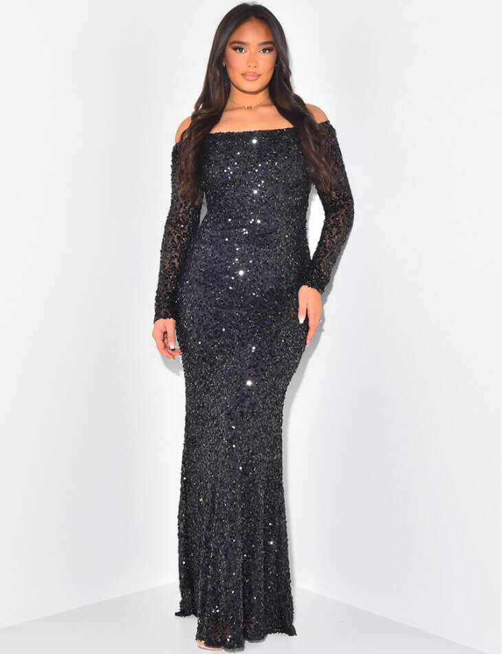 Zelorava™ - Boat Neck Embroidered Sequin Dress